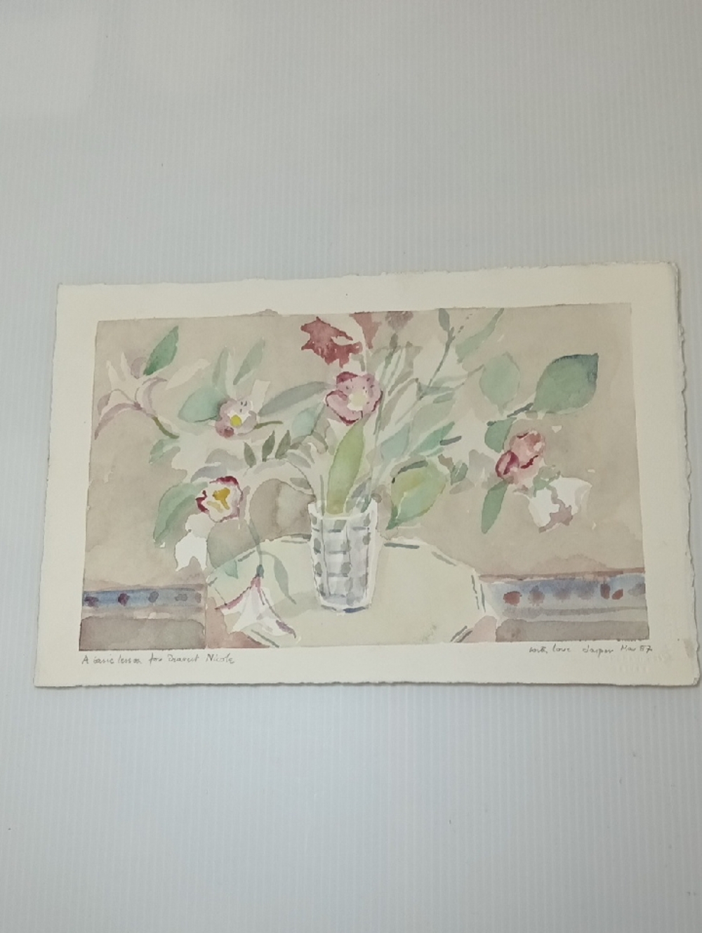 Watercolor Floral Still Life Painting in Soft Pink and Green